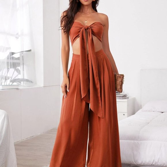Boho Tie front tube top, pleated wide leg pants set terracotta - Picture 3 of 5